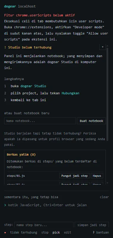 The onboarding state of the panel explaining that the chrome.userScripts feature is not enabled yet, with the three steps needed to turn on the Allow user scripts toggle in chrome://extensions, plus a note that no notebook is connected yet.