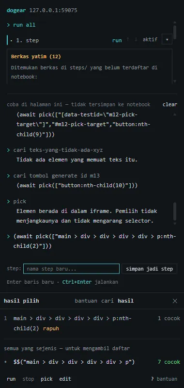 The element picker drawer listing selector candidates for a click, with one exact match and seven matches for the plural form, and a line stating that an element inside an iframe is out of reach so no selector was invented for it.